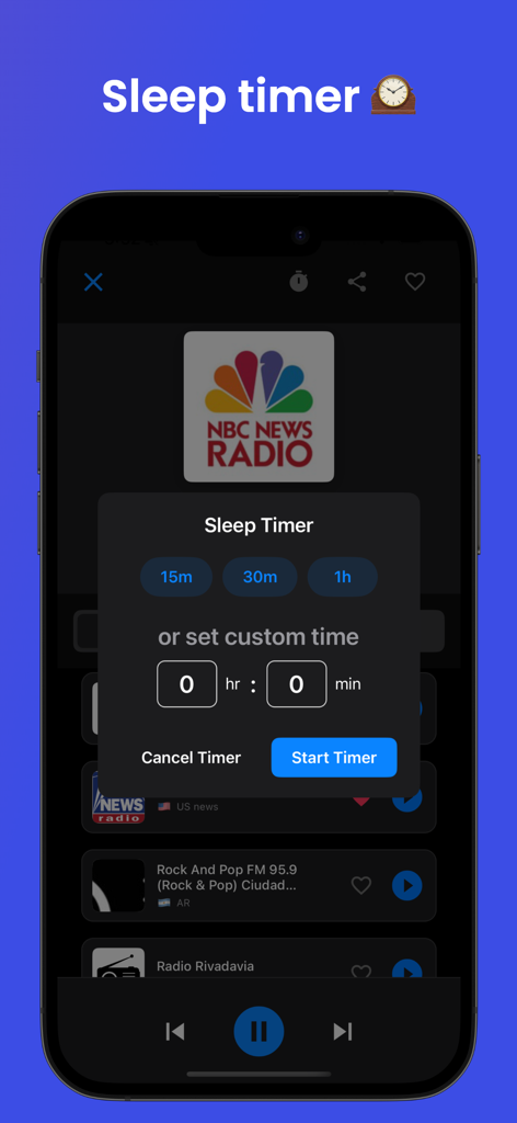 Radio App: Stations & Podcasts - Sleep timer interface in the Radio App showing options for fifteen minutes thirty minutes and custom time settings