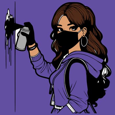 realistic girl with mask spray painting a wall