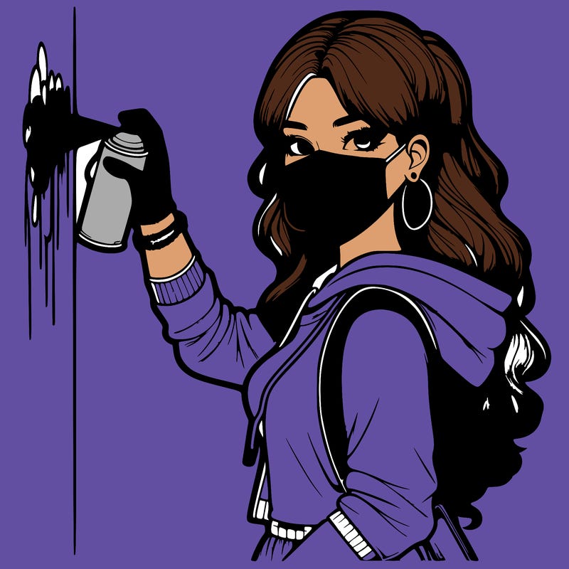 realistic girl with mask spray painting a wall