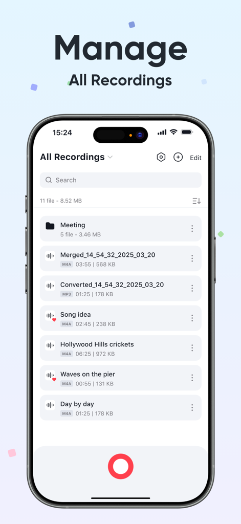 Vocalize - Record & Speak - Interface of Vocalize app showing a list of organized audio recordings and folders