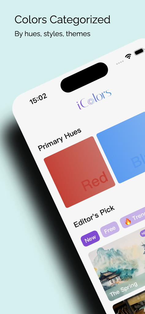 iColors - Color palette muse - Bildschirm der mobilen App, der Farbpaletten zeigt, kategorisiert nach Primärfarben und Themen