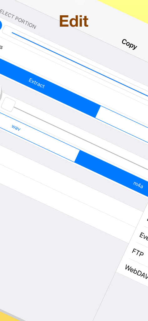 Editing screen of the Audio Memos app with options to extract and copy audio portions.