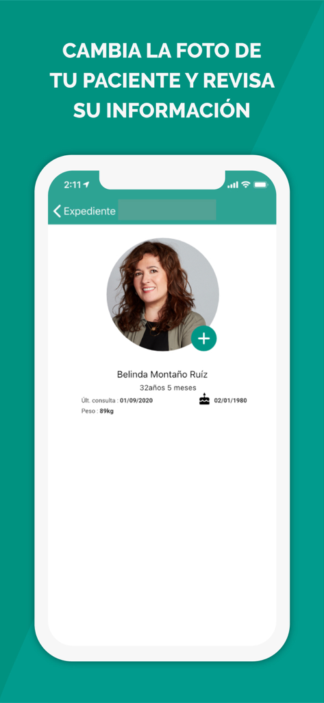 Pantalla móvil de la aplicación Eleonor que muestra el perfil de un paciente con una foto y detalles médicos