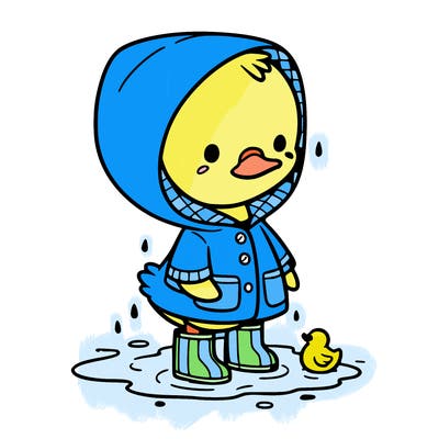 baby duck in a rain coat and boots, in a puddle while it’s raining