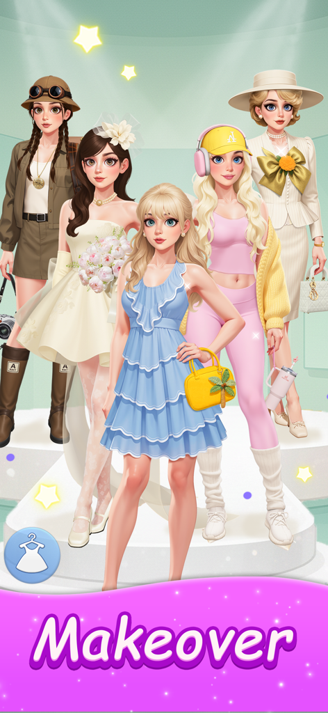 Merge Fashion: Romance Story - Five female characters showcasing different fashion makeover styles