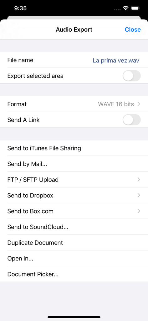 Menú de exportación de TwistedWave Audio Editor que muestra varias opciones de intercambio de archivos y almacenamiento en la nube.