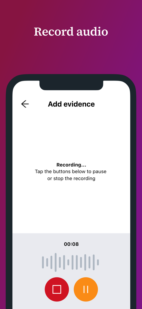Portflow - A mobile interface showing the Portflow app's audio recording feature to capture portfolio evidence.