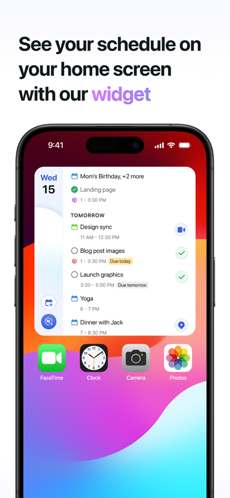 Motion: Tasks & AI Scheduling - iPhone home screen displaying the Motion app widget with a detailed daily schedule of tasks and meetings.