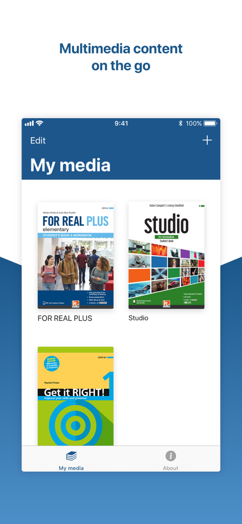 La sezione I miei media dell'app HELBLING Media che mostra una libreria digitale di copertine di libri di testo educativi.