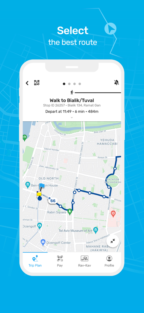 HopOn Rav-Pass הופאון רב-פס - L'application mobile HopOn Rav-Pass affiche une carte des itinéraires de transport en commun en Israël.