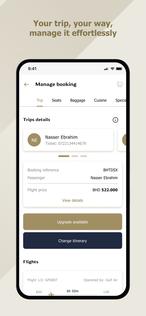 Gulf Air - A mobile interface for the Gulf Air app showing flight booking details, passenger information, and options to upgrade or change itinerary.