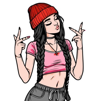 realistic teenage girl with braids and a beanie and crop top doing 🫶🏼