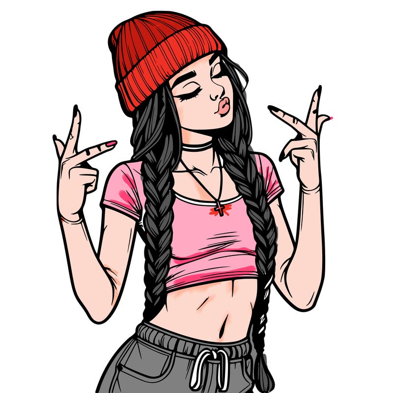 realistic teenage girl with braids and a beanie and crop top doing 🫶🏼