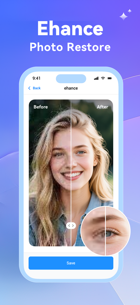 AI photo enhancement tool showing a before and after comparison of a sharpened portrait