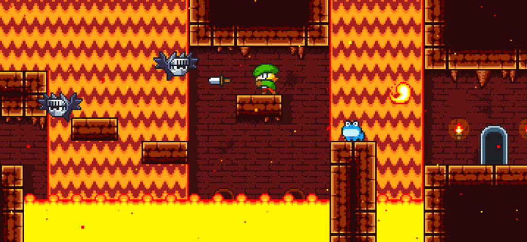 Tiny Dangerous Dungeons Remake - Timmy the treasure hunter navigates a pixel art dungeon with lava and retro enemies