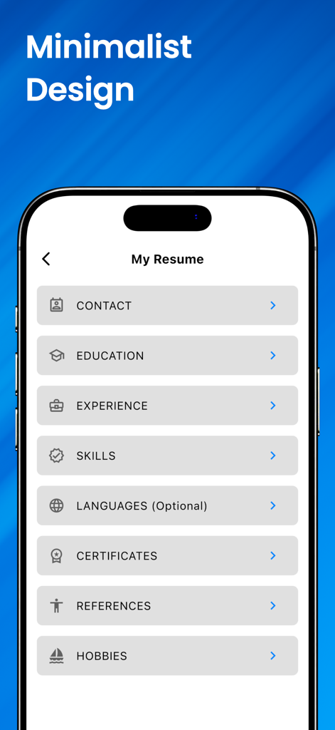 Ein mobiler App-Bildschirm mit einer minimalistischen Lebenslauf-Ersteller-Oberfläche mit Abschnitten für Ausbildung und Berufserfahrung