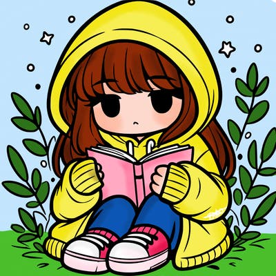 girl in oversized hoodie reading a book