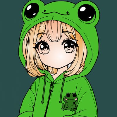cute realistic girl in a froggy hoodie