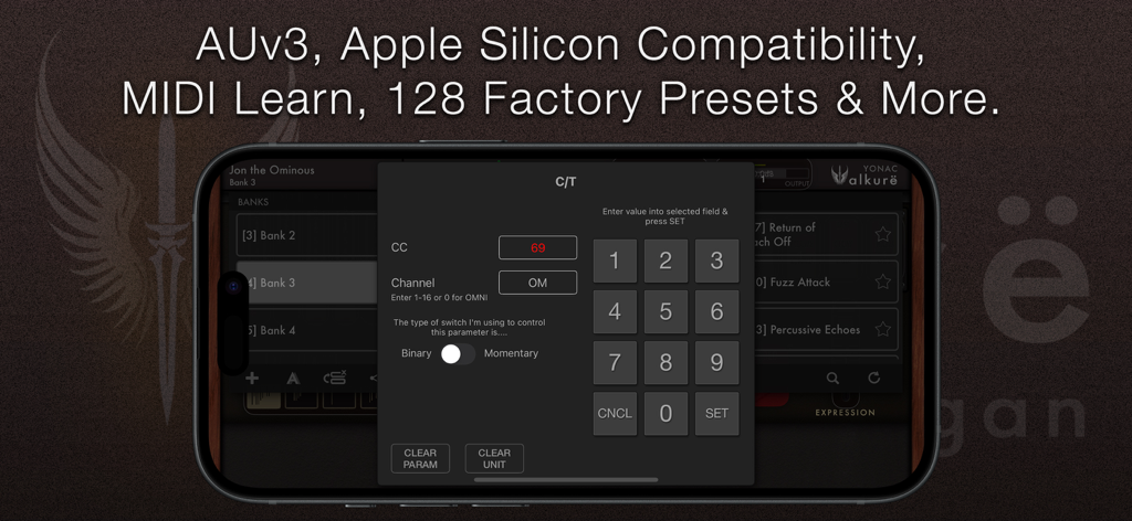 Valkure Guitar Organ - Interfaz de la aplicación Valkure Guitar Organ mostrando la configuración MIDI y los ajustes de control en la pantalla de un smartphone