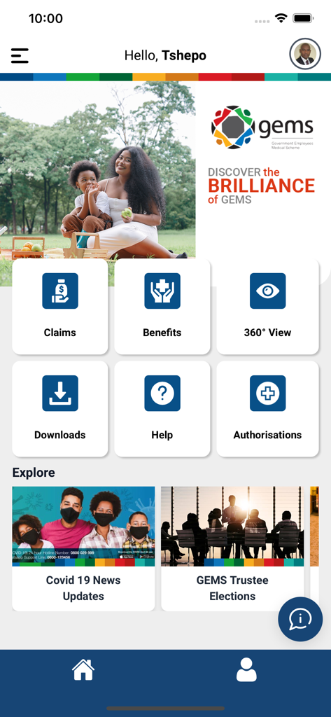 GEMS Member mobile app home screen showing navigation tiles for claims, benefits, 360 view, and authorizations.