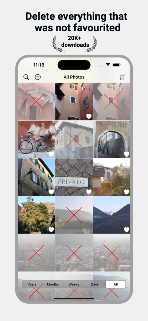 Interface of the Deleter app showing a grid of photos with unfavorited ones marked with a red X for bulk deletion