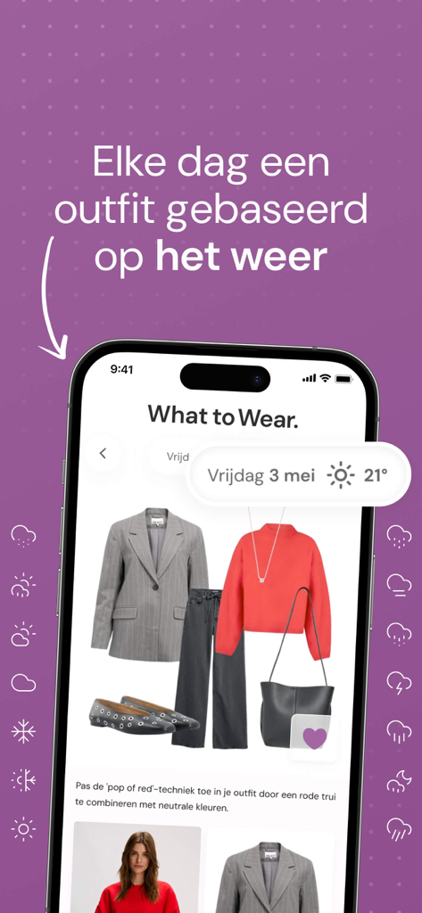 Fashionchick What to Wear - A mobile app interface displaying a curated fashion outfit recommended for twenty-one degree weather