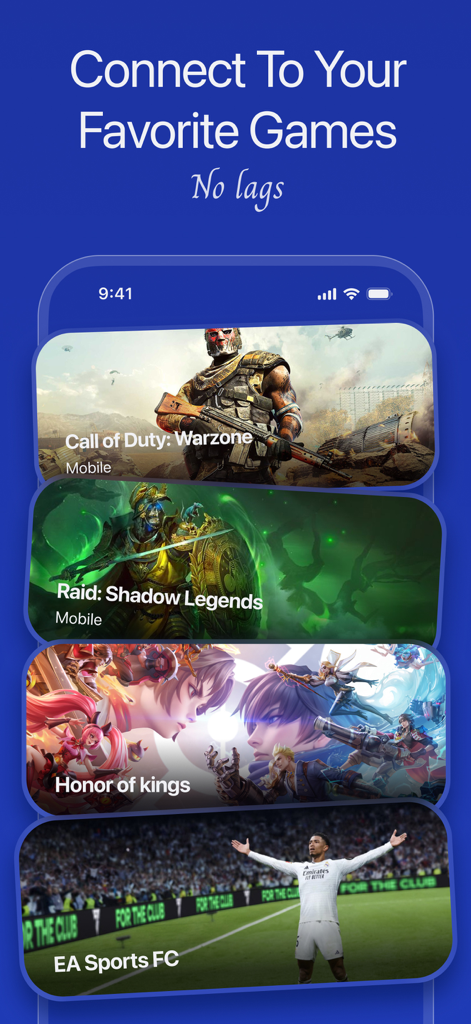 StealthNet VPN app screenshot showcasing lag-free connection for popular mobile games like Call of Duty and EA Sports FC