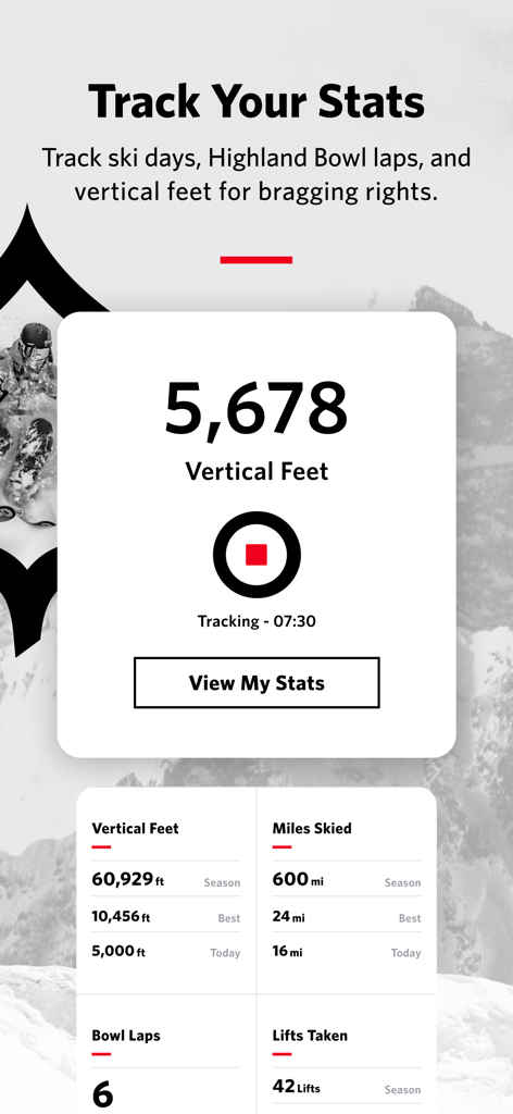 Aspen Snowmass App - Interface of the Aspen Snowmass app tracking vertical feet and miles skied