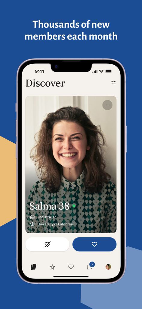 Profil d'une femme de 38 ans nommée Salma sur l'écran de découverte de l'application de rencontre juive Jdate