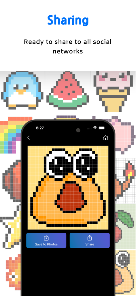 Pixels Art Maker - Pixels Art Maker sharing screen showing options to save and share pixel art designs