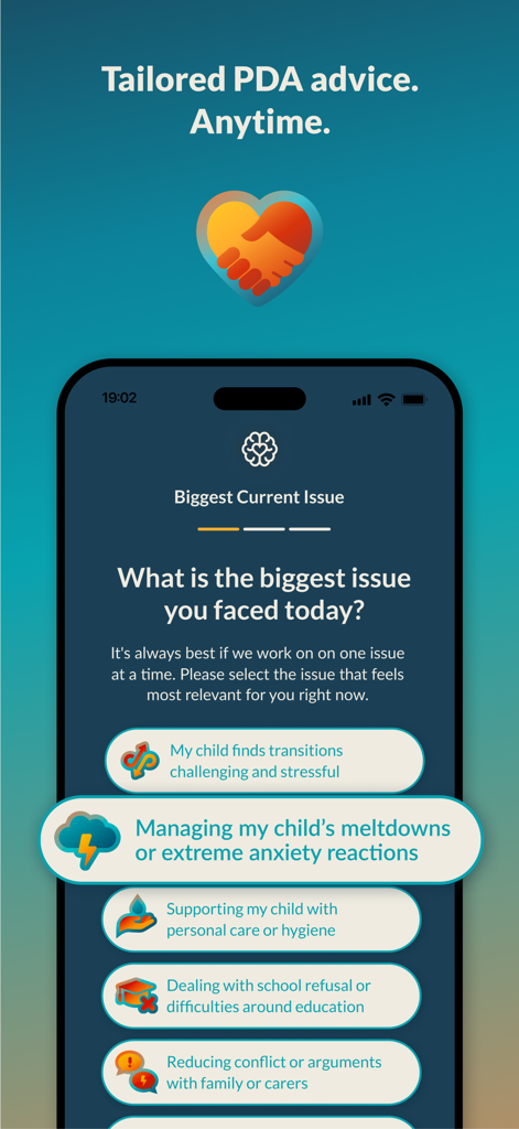 PDA Pro for Demand Avoidance - Une interface mobile pour l'application PDA Pro où les parents peuvent sélectionner le plus grand problème auquel ils ont été confrontés aujourd'hui, comme la gestion des crises ou le refus scolaire.