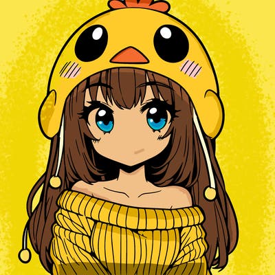 anime girl with chick shaped hat with sweater with bare shoulders with bangs covering them one eye with low tail