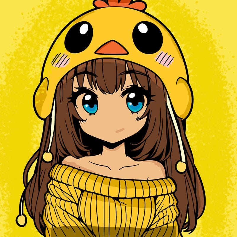 anime girl with chick shaped hat with sweater with bare shoulders with bangs covering them one eye with low tail