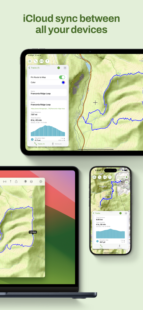 Maptrails - Maptrails app interface on iPad Mac and iPhone showing iCloud synchronization of hiking maps and tracks.