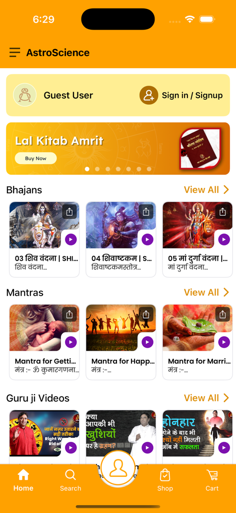 Mobile interface of the AstroScience app showing sections for spiritual bhajans mantras and guru ji videos