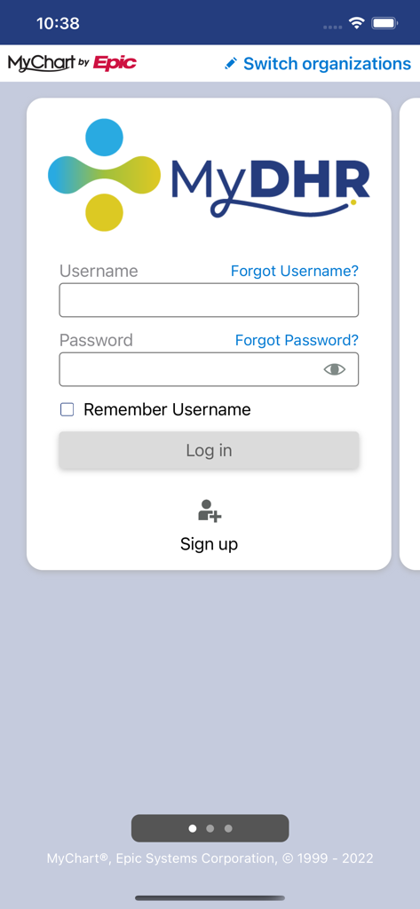 MyDHR - MyDHR patient portal mobile app login screen with username and password fields
