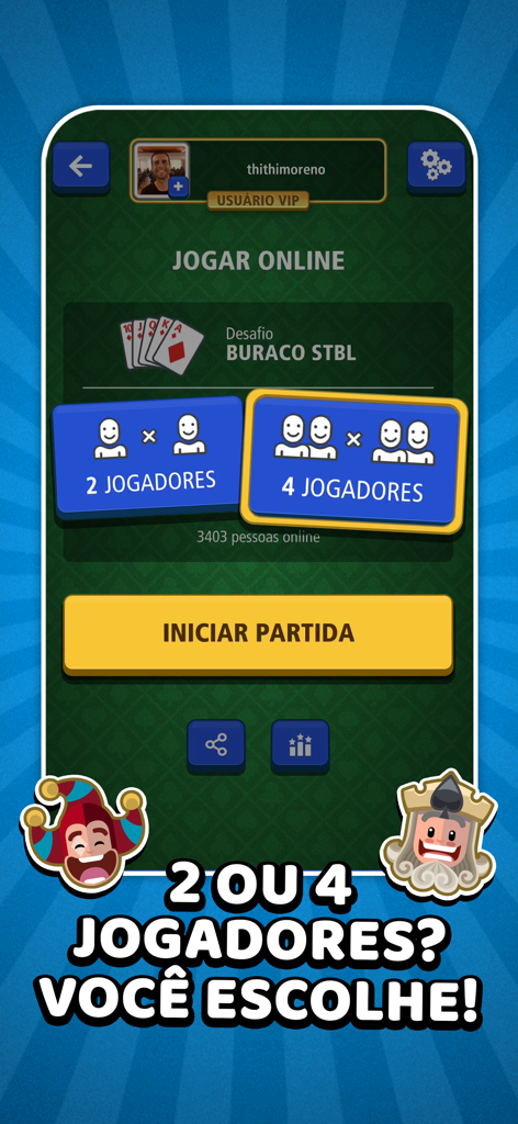 Buraco Jogatina: Jogo de Carta - Game menu of Buraco Jogatina showing options to choose between 2 or 4 players for an online card match.