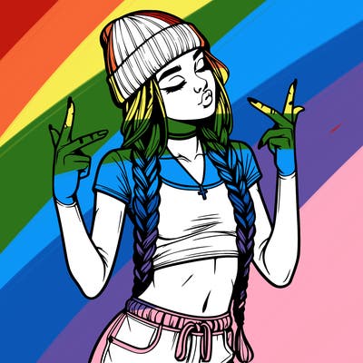 realistic teenage girl with braids and a beanie and crop top doing 🫶🏼