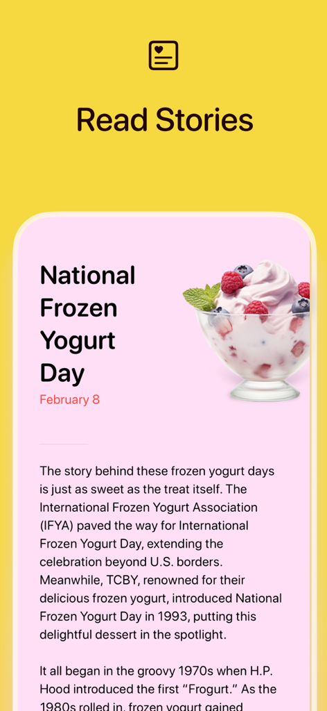 Food Holidays Calendar - Uma captura de tela do aplicativo Calendário de Feriados Gastronômicos mostrando a história e o histórico do Dia Nacional do Iogurte Congelado.