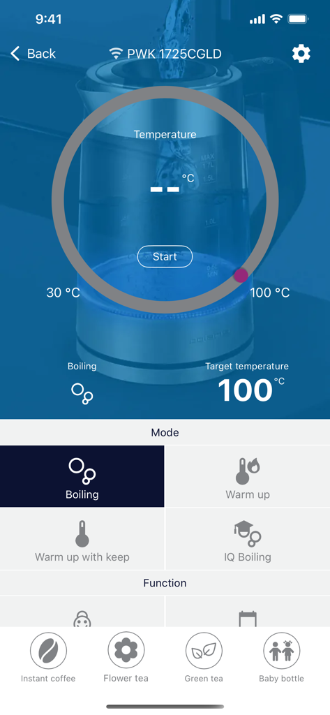 Polaris IQ Home app screen for controlling a smart kettle with temperature settings and beverage modes