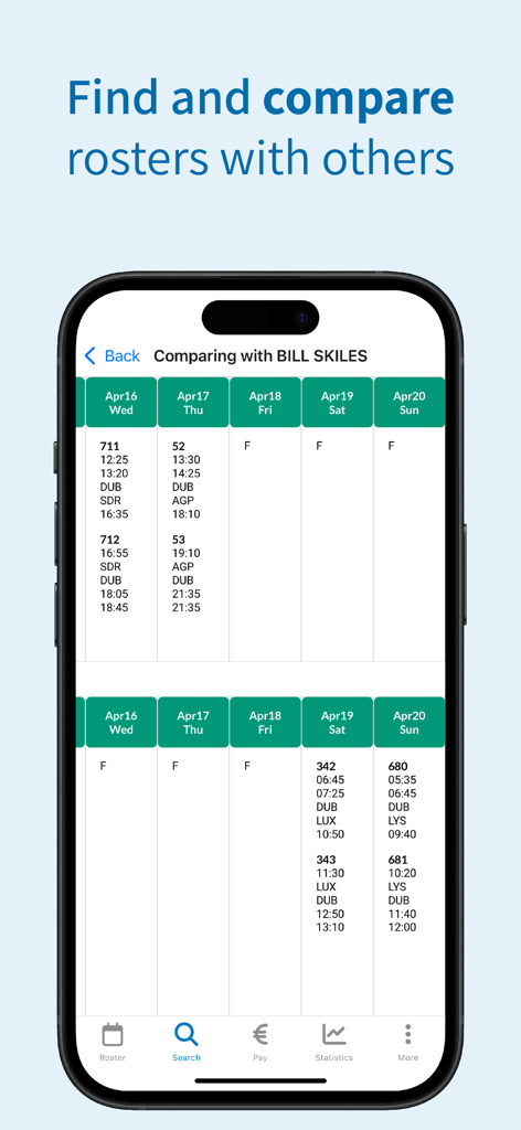 Wingman: Crew Roster - Comparison of two airline crew rosters on the Wingman app interface