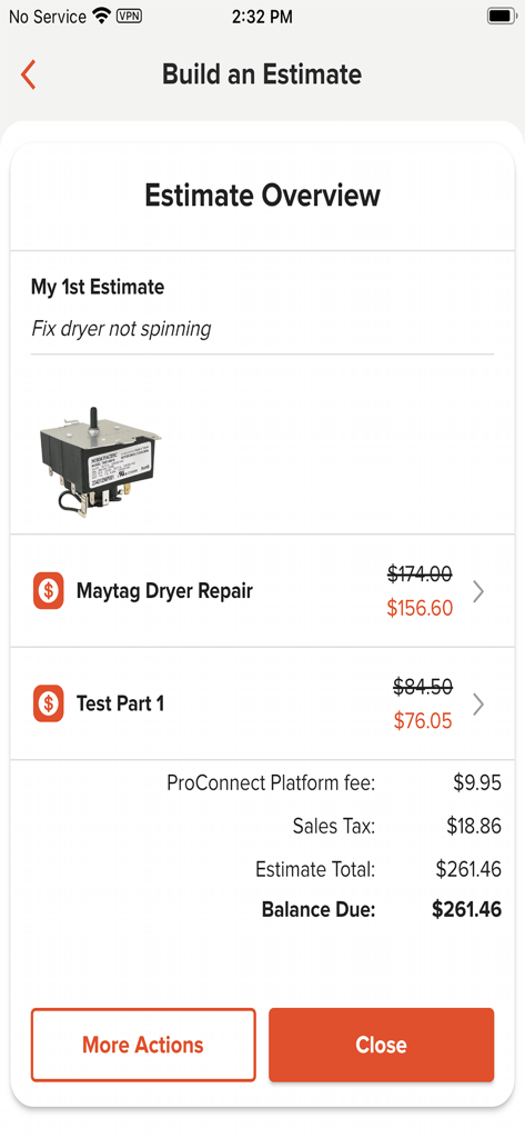 Screenshot of the Frontdoor Pro ProApp showing a detailed service estimate for a dryer repair job including parts and platform fees