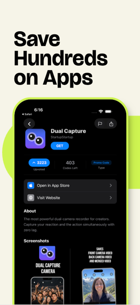 Interface of the GetFree app showing promo codes and community upvotes for an indie dual camera app