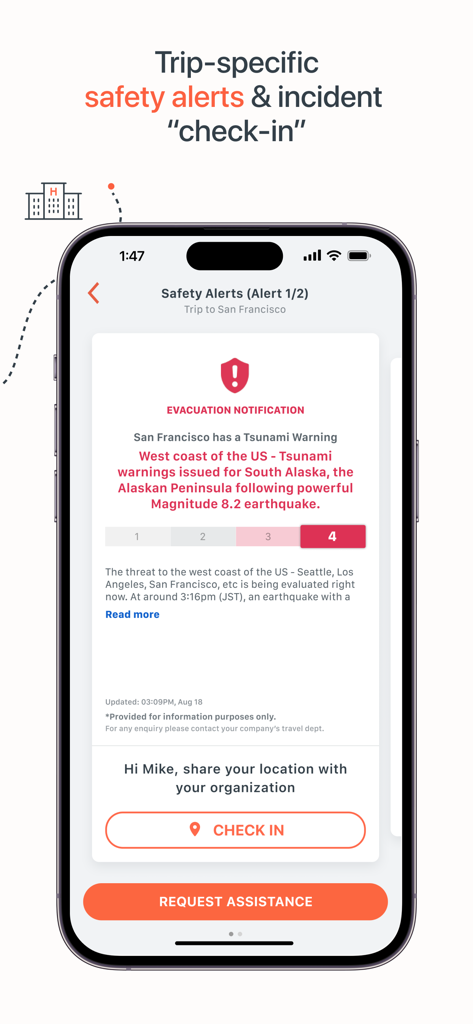 myCWT - Pantalla de la aplicación móvil myCWT que muestra una alerta de seguridad en tiempo real para un aviso de tsunami en San Francisco con botones de check-in y solicitud de asistencia.