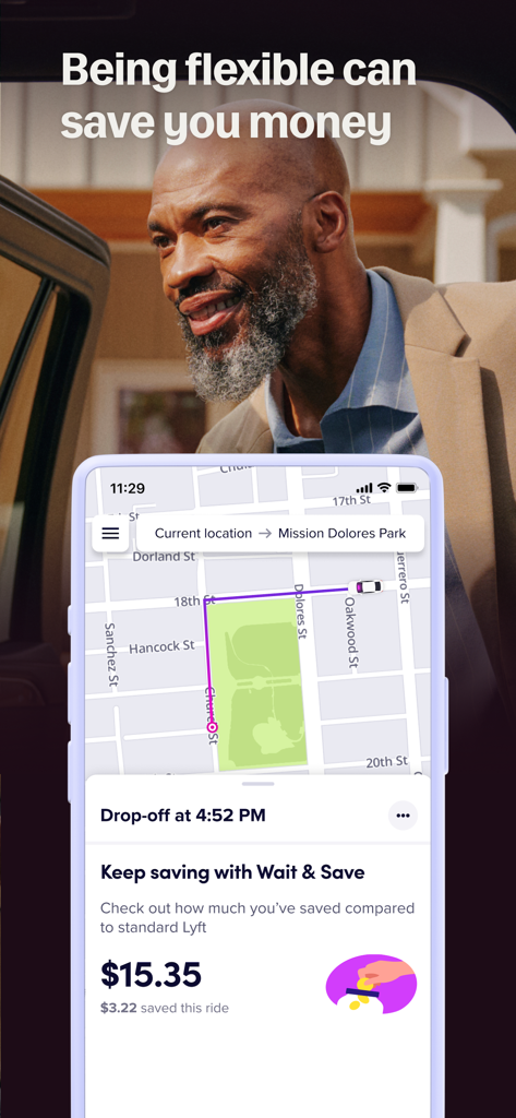Lyft app interface showing the Wait and Save ride option with a map and price savings