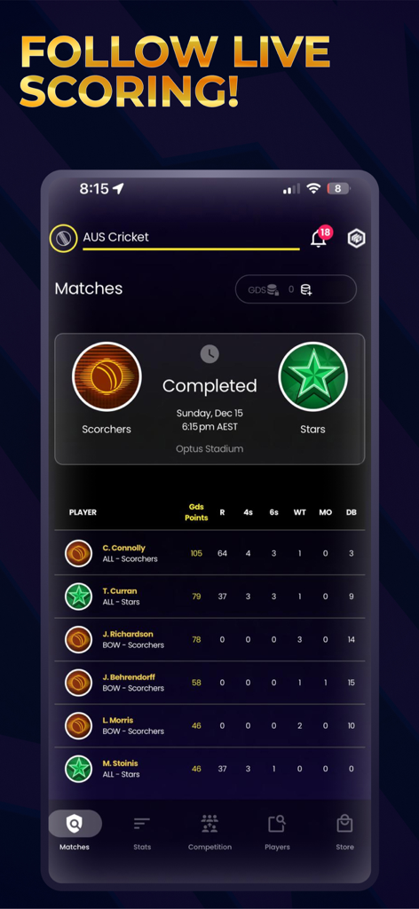 A mobile app interface displaying live fantasy cricket scores and detailed player stats for Game Day Squad.