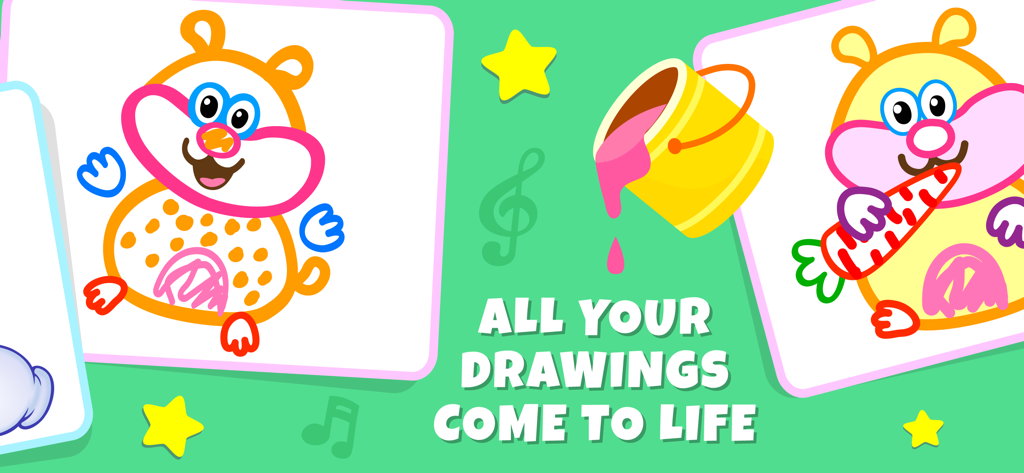 Drawing Pad Kids Toddler Games - Una pantalla de la app Drawing Pad Kids Toddler Games que muestra un hámster de colores y el texto 'todos tus dibujos cobran vida'.