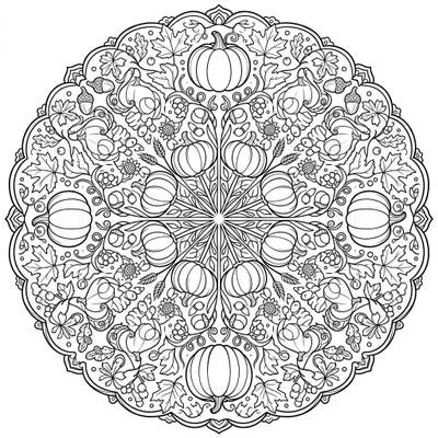 Immerse yourself in the seasonal charm of this intricately designed pumpkin patch mandala. Featuring delightful autumn elements, it offers a relaxing and creative coloring experience.