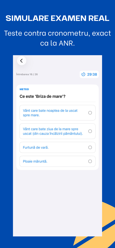 Skipper Pro: Examen Barcă ANR - Interface do aplicativo Skipper Pro mostrando uma simulação de exame real cronometrada para a licença de barco ANR romena