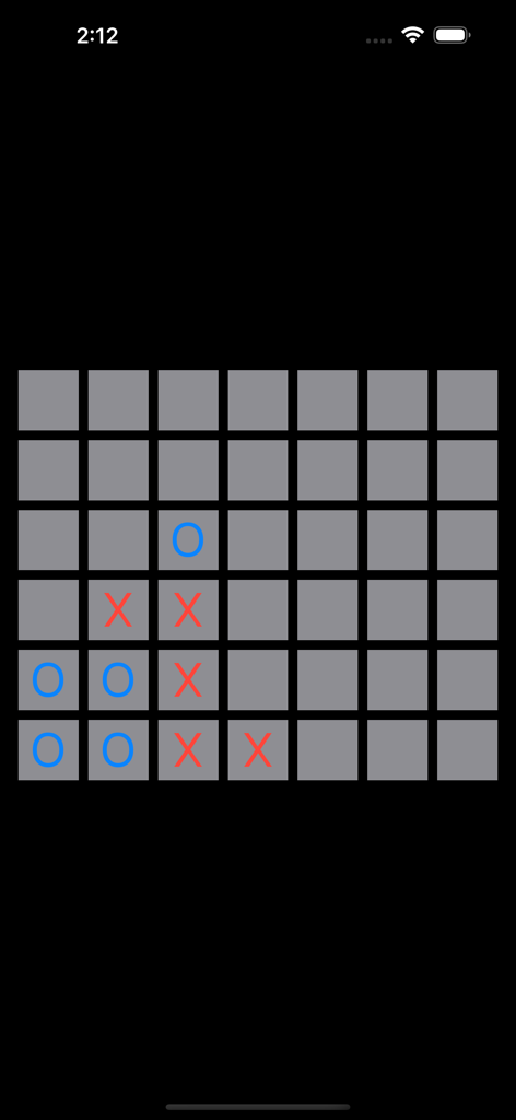 Tic Tac Toe & Four in a Row - Minimalist game grid for Tic Tac Toe and Four in a Row featuring red X and blue O symbols on a dark background.